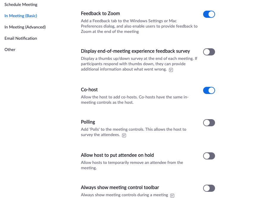 Screenshot of Zoom web account: In-Meeting (Basic) settings with the Co-hosting option turned on.