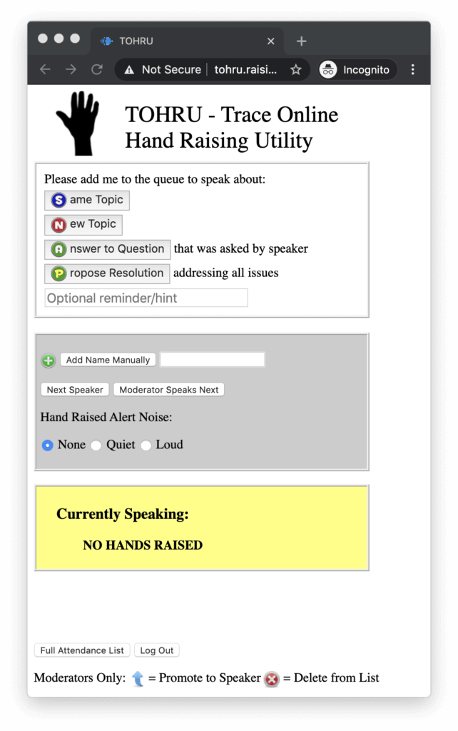 Screenshot of moderator view of TOHRU - Trace Online Hand Raising Utility. Buttons for queue management are shown: same topic, new topic, answer to question, propose resolution. Below that, options for adding names manually, current speaker, and promotion/deletion options.