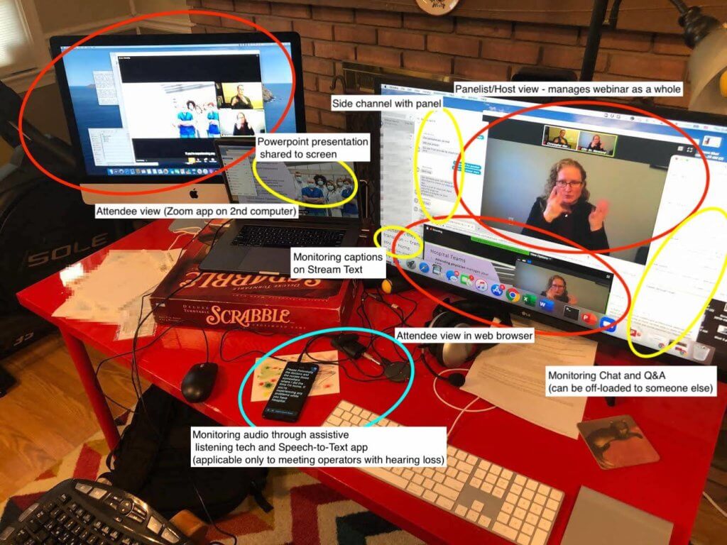 Computer and screen setup of the meeting operator. There are three screens: laptop screen, external monitor connected to laptop, and separate desktop computer with screen. The external monitor shows the panelist/host view of Zoom, iMessage as the side channel, a sliver of the web browser monitoring captions on StreamText, a sliver of the web browser monitoring the Zoom web attendee view, and the chat box and Q&A window partially overlapping the panelist view of Zoom. The laptop screen shows the Powerpoint presentation shared to the Zoom attendees. The second desktop shows the attendee view in the Zoom app. The laptop also has an Android phone running Live Transcribe and an assistive listening device connected to the audio jack (for a meeting operator who has hearing loss).