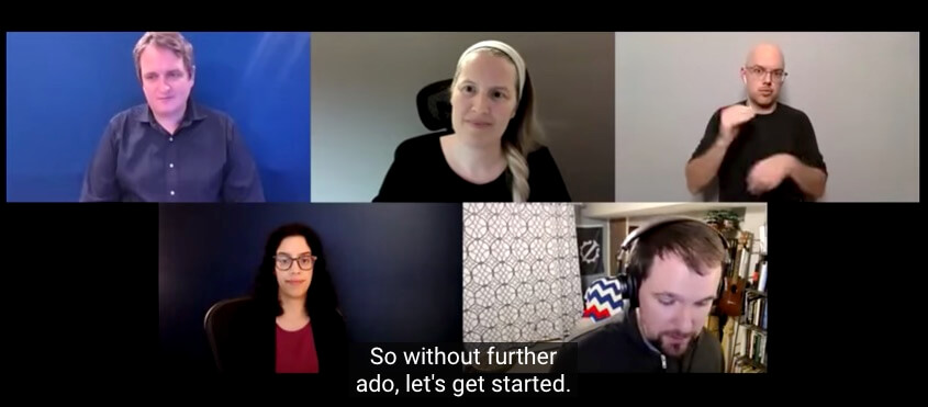 Telehealth and Telework Accessibility discussion. Zoom conference with Zainab Alkebsi, Blake Reid, Christian Vogler and two sign language interpreters.