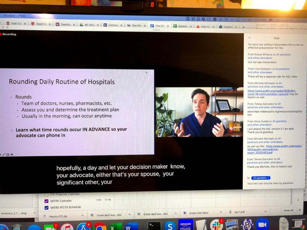 Attendee view of webinar with one video. A slide show is show in the Zoom app on the left side of the window. A divider separates a single video with one panelist from the slide show. No sign language interpreter is visible. The Zoom chat box is to the right of the videos.